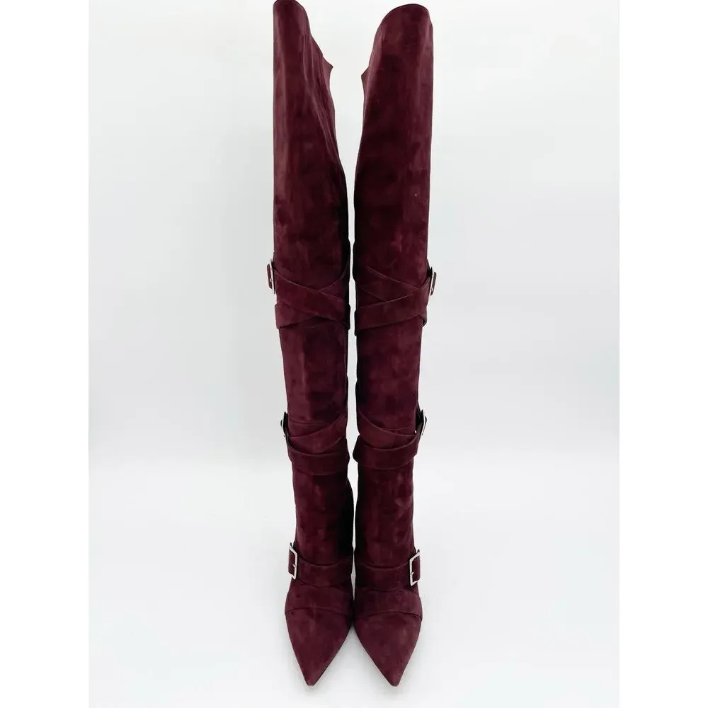 Manolo Blahnik Josimhi Burgundy Suede Buckle Strap Pointed Toe OTK Boots IT 37.5